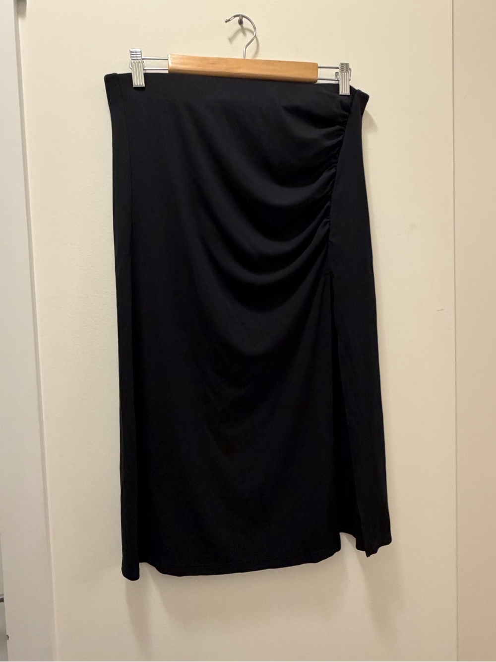Wilfred Black Draped Side-Ruching Midi Skirt